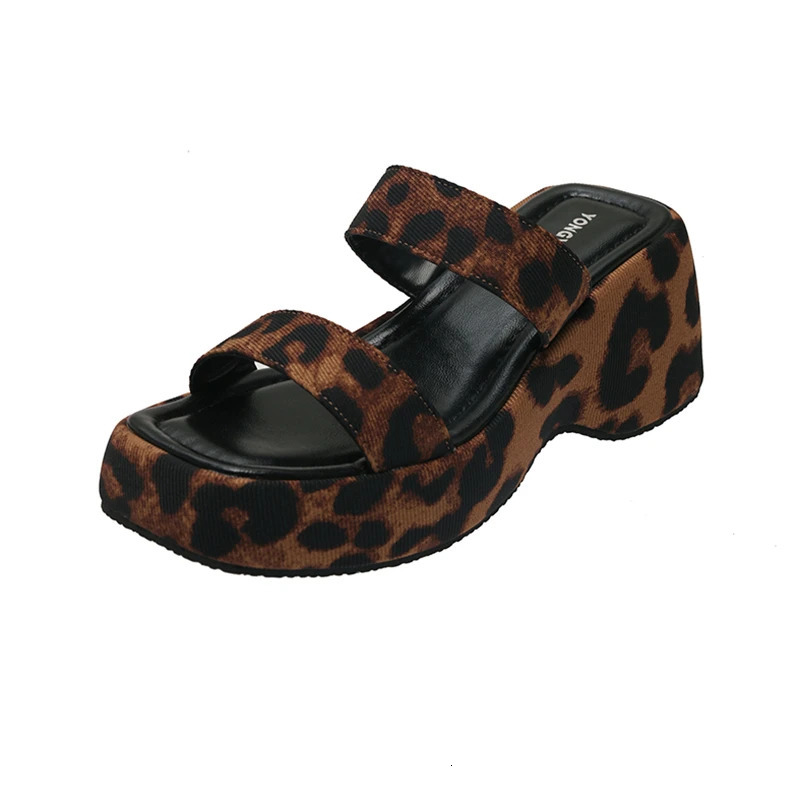 Summer Leopard Womens Platform Wedges Heel Slippers Fashion Narrow Band Slides Outdoor Open Toe Footwear 250528