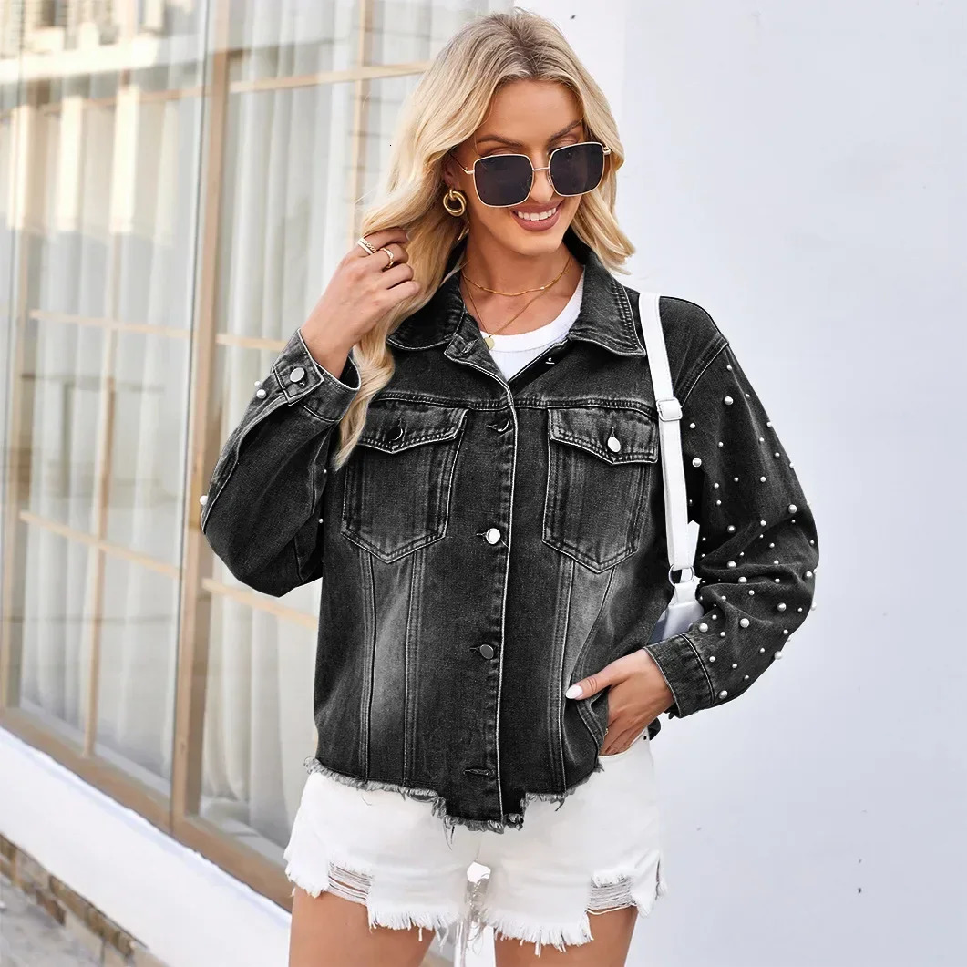 Women Jackets denim Single Breasted Denim Coat Full Length Cardigan Outerwear Pockets Pearls Solid Washing Slim High Street 250527
