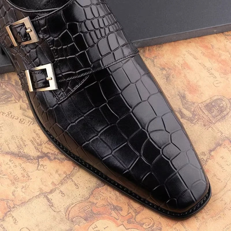 Mens Genuine Leather Dress Loafers Handmade Double Buckle Monk Slip-On Shoes for Party Formal Wear Fashion Mens Footwear 250526