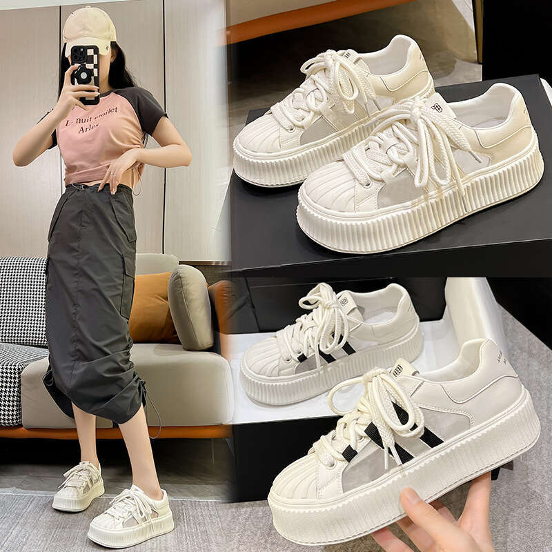 Platform Height Increasing Mesh White Summer Women's Shoes 2024 New Breathable Versatile Genuine Leather Chunky Sneakers