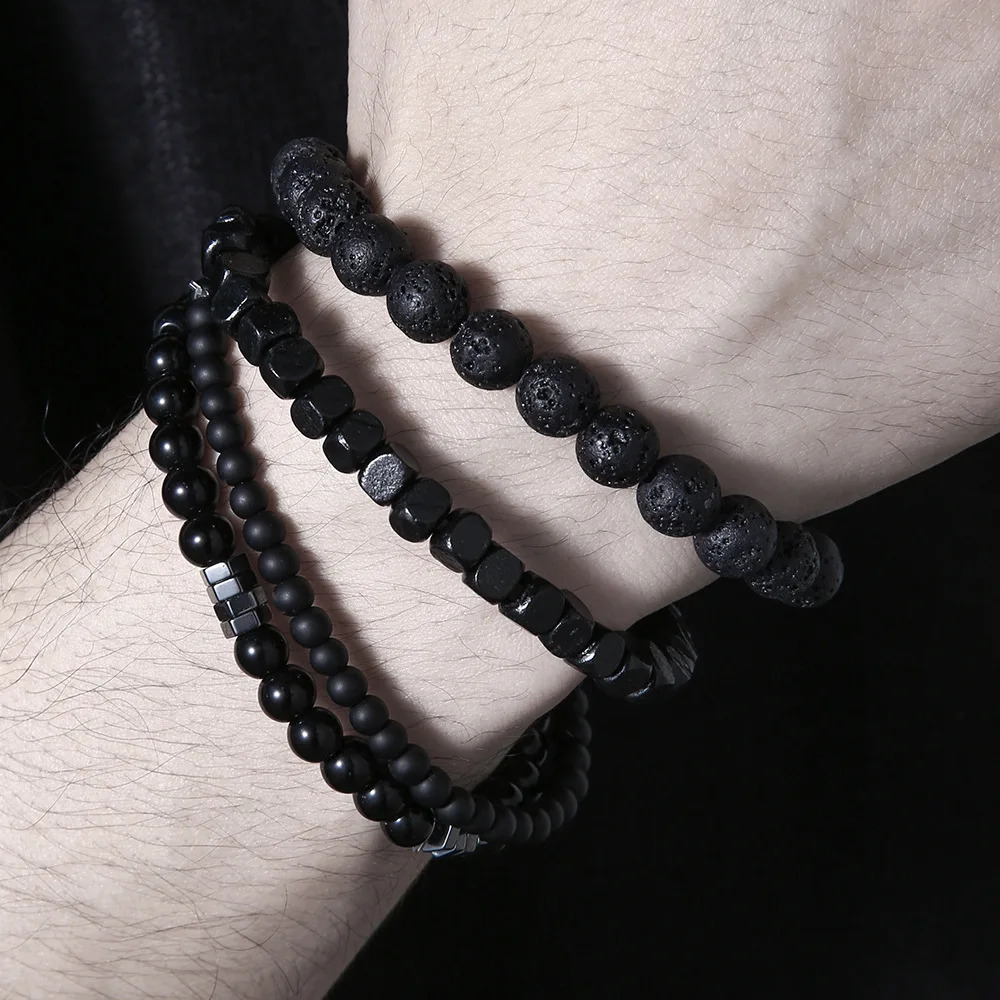 4PC Volcano Stone Black Gallstone Beaded Bracelets for Men Trendy Fashion Lava Wood Beads Bracelet Set Combination Hip Hop Gifts 250528