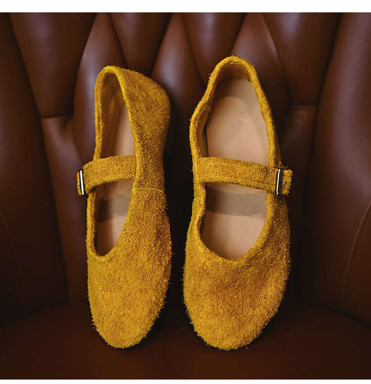 ~Cowhide Velvet Mary Jane Ballet for Women, Flat Shallow Mouth Single Shoes, Red Bowknot Furry Shoes