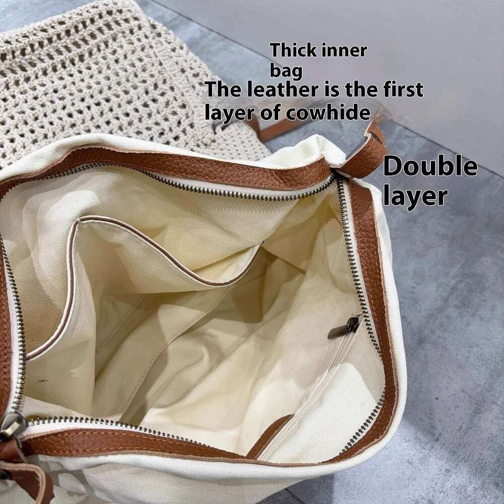Straw Beach Tote Wax Line Splicing Cowhide Woven New Simple Large Capacity Shoulder Handbag Beach Vacation Hollow Out Bag Crossbody Bag