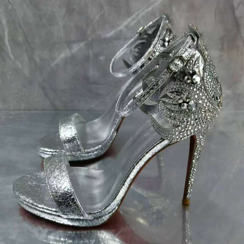 French Style Rhinestone High Heels Women Thin Heel Silver Sexy Open Toe Buckle Crystal Sandals Summer