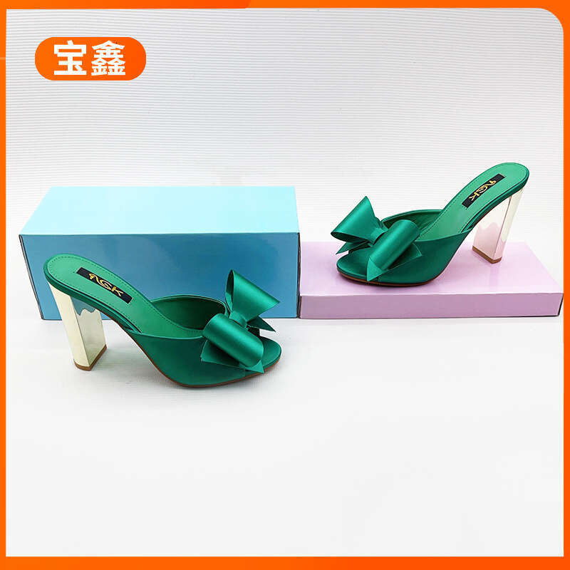 Fashion Shoes 2025 Spring New Open-Toe Bowknot Chunky High Heel Slippers High-End Feel Age-Reducing