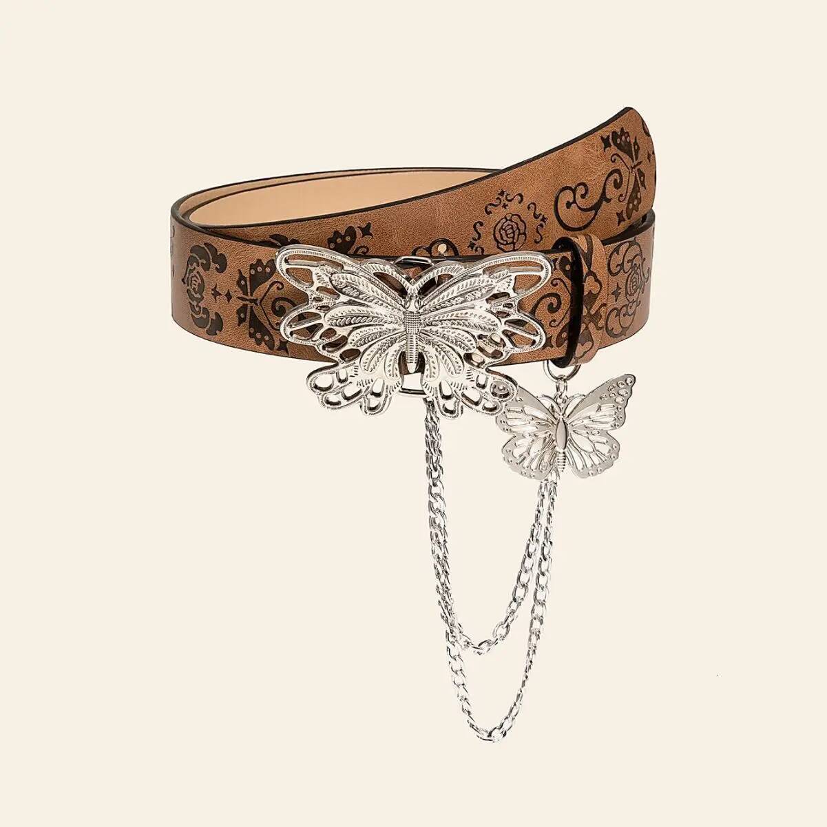 New Fashion Retro Butterfly Buckle PU Wide Bohemian Brown Emed Western Jeans Pants y2k Belt Dress