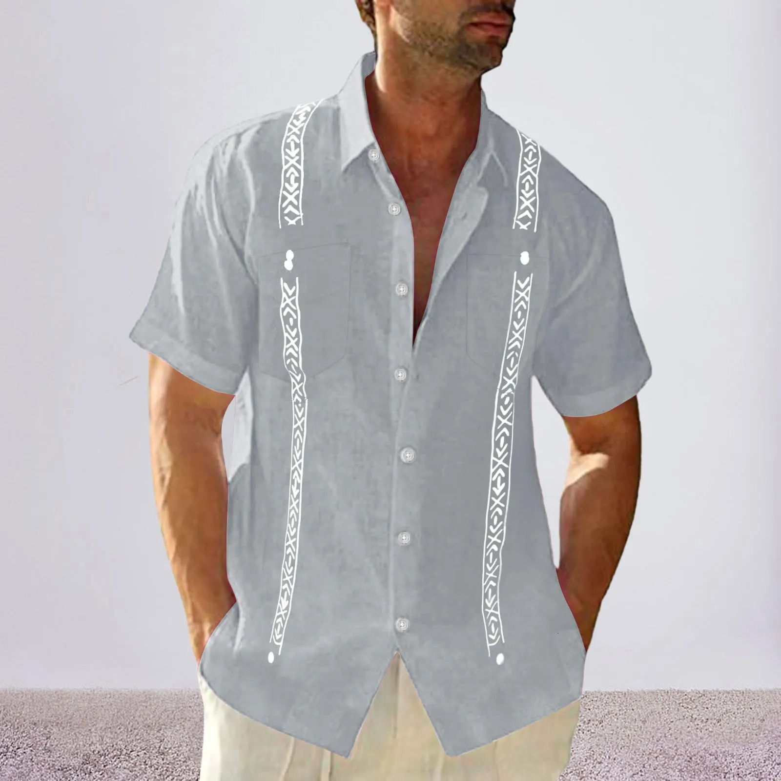 Short Sleeve Mens Guayabera Cuban Shirt Top Button Up Beach Linen Shirt Top Pocket Casual Caribbean Shirt Summer Mexican Blouse 250530