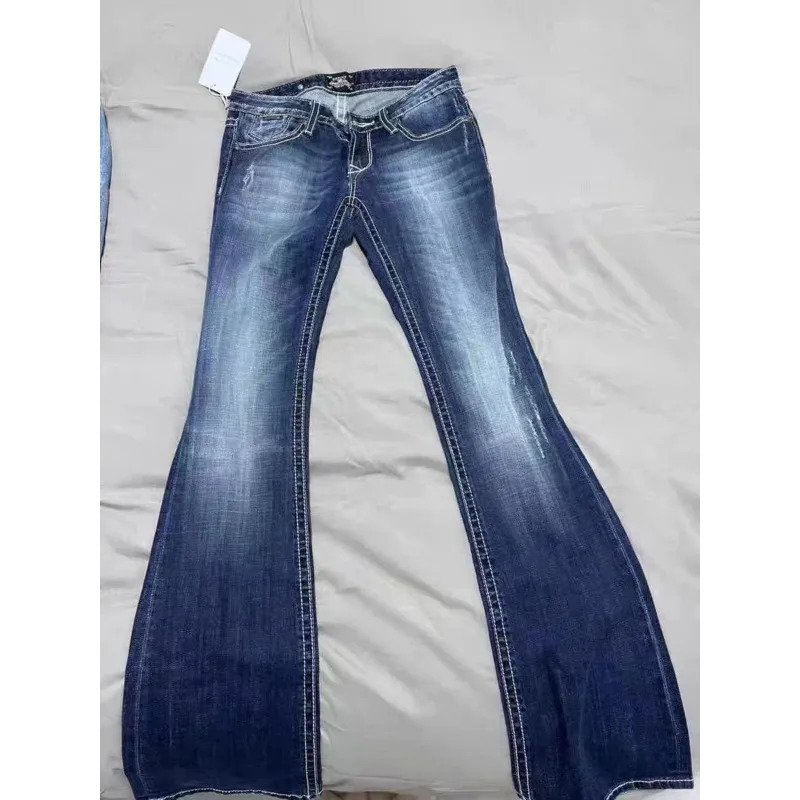 Blue Low Rise Flare Jeans Vintage 2000s Slim-fitting Denim Pants Korean Style Women Trousers y 2 k Distressed Mom 90s 250527