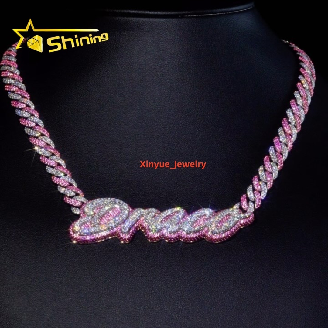 New Arrivals Natural Earth Mined Diamonds 925 Sterling Silver Custom Pink Moissanite Letter Pendant Diamond Cuban Chain Necklace