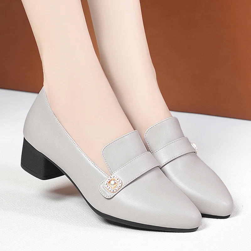 Comfort Women Pumps Point Toe Block Heels Concise Pearl Slip-On Mules Summer Soft Leather Soft Sole Casual Shoes 250528