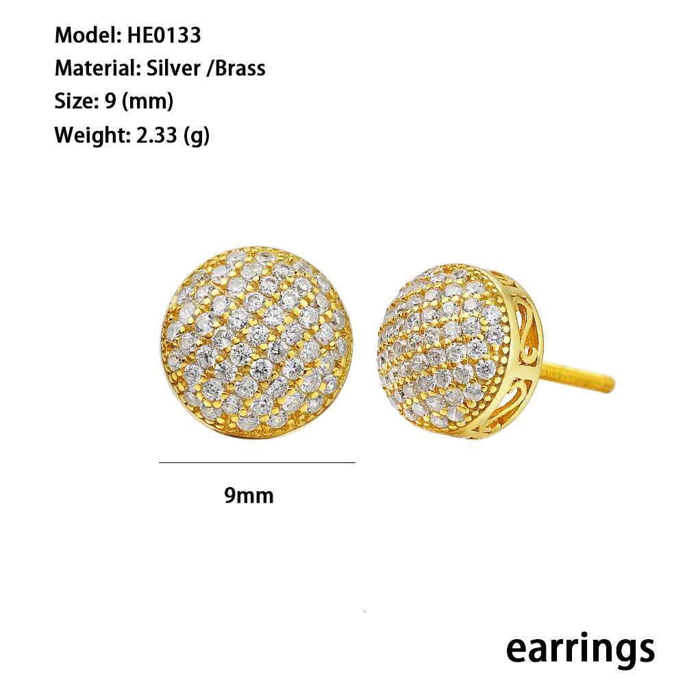 Hot Fine Jewelry Pure 18K Gold Plated 9mm VVS Moissanite Diamond 925 Silver Circle Round Studs Earrings for Men