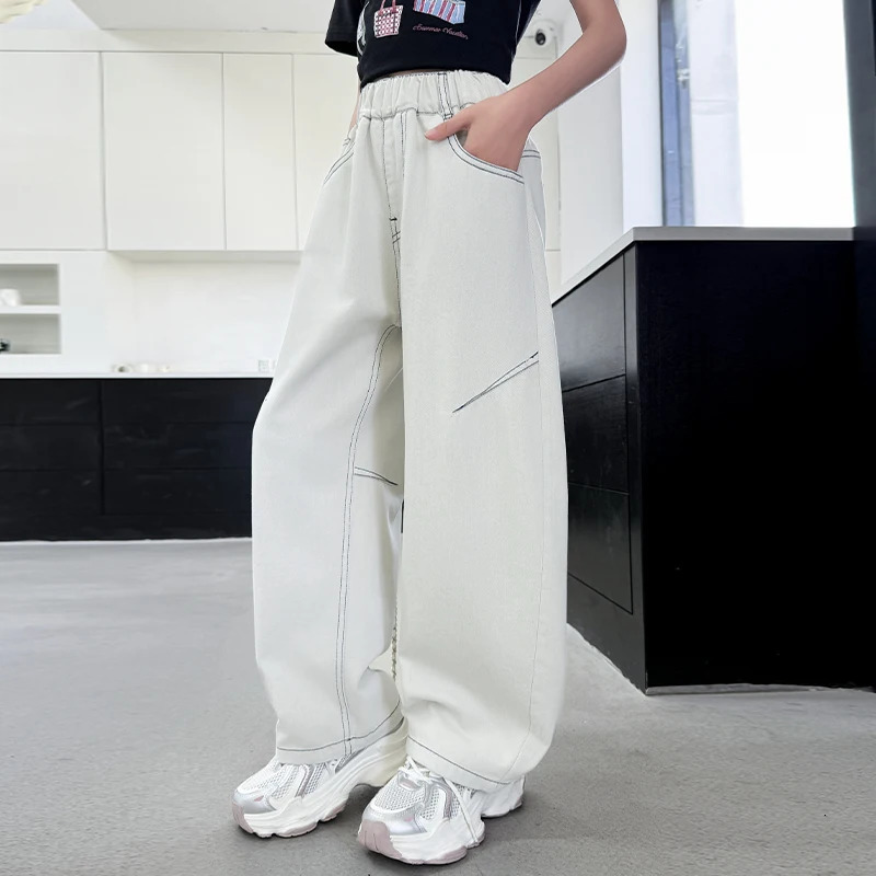 Kids Summer Thin Solid White Scimitar Jeans for Teens Girl High Fashion Streetwear Trousers Child Loose Fit Denim Pants 250527