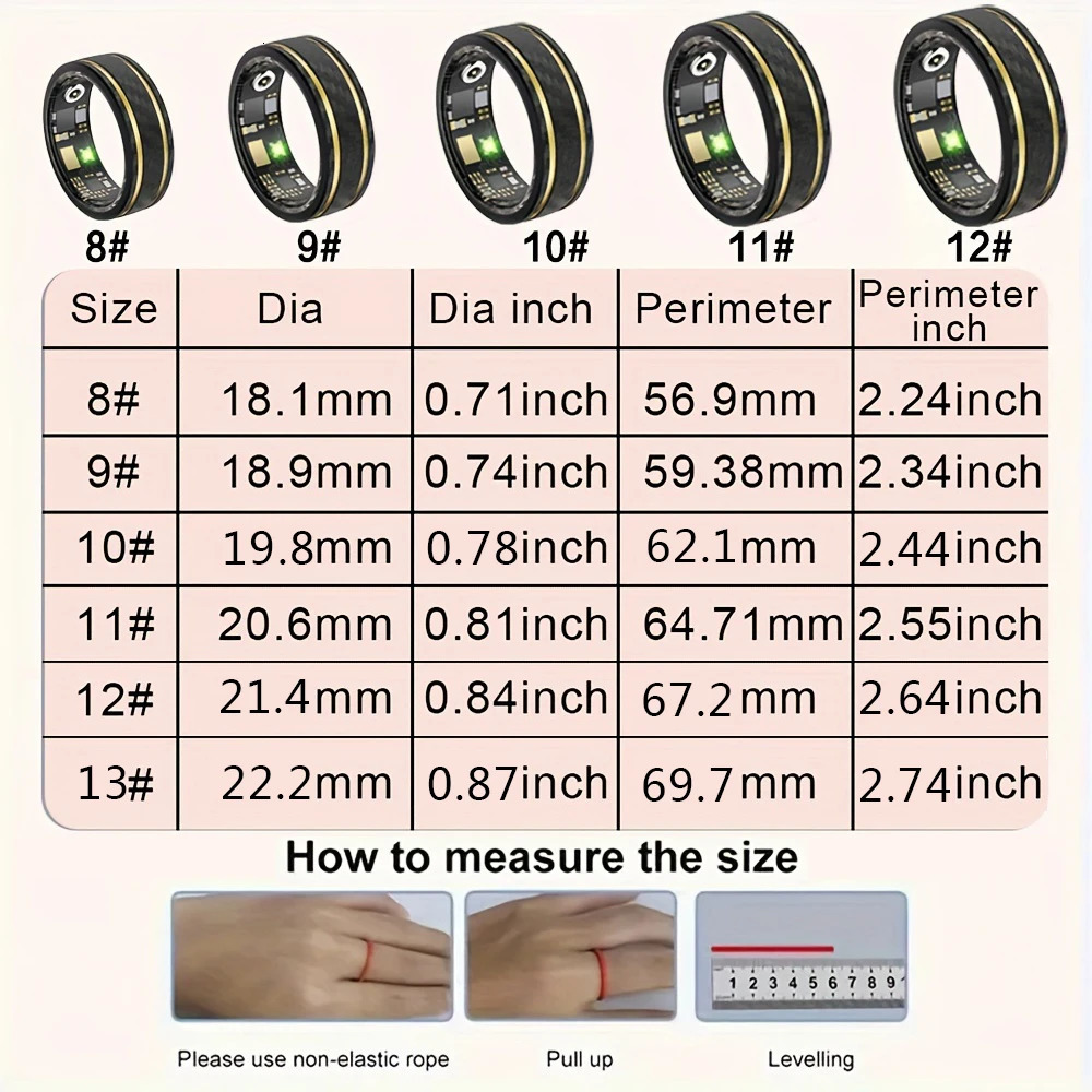 Smart Ring Health Tracker Mens and Womens Health Ring Long Lasting Battery Sleep Ring Black Gold 13# 250526