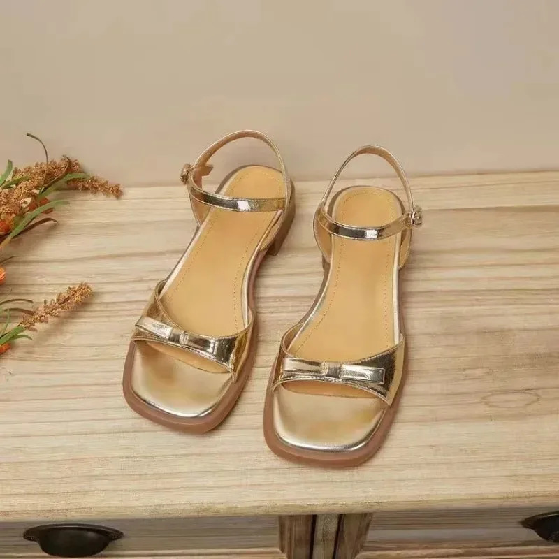 Bow shaped buckle strap sandals for women with flat soles and thick heels. Summer Versatile Fashion Gold Silver 250528
