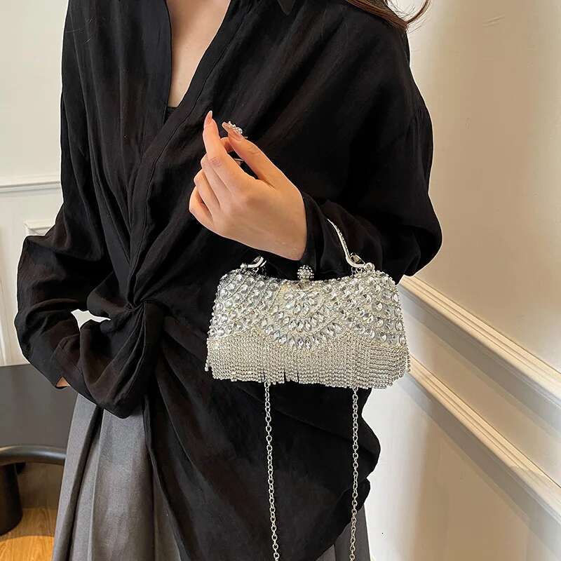 MOODS Rhinestone Tassel Evening Banquet Bag Glitter Ladies Clutch Purse With Chain Wedding Dinner Party Designer Handbags