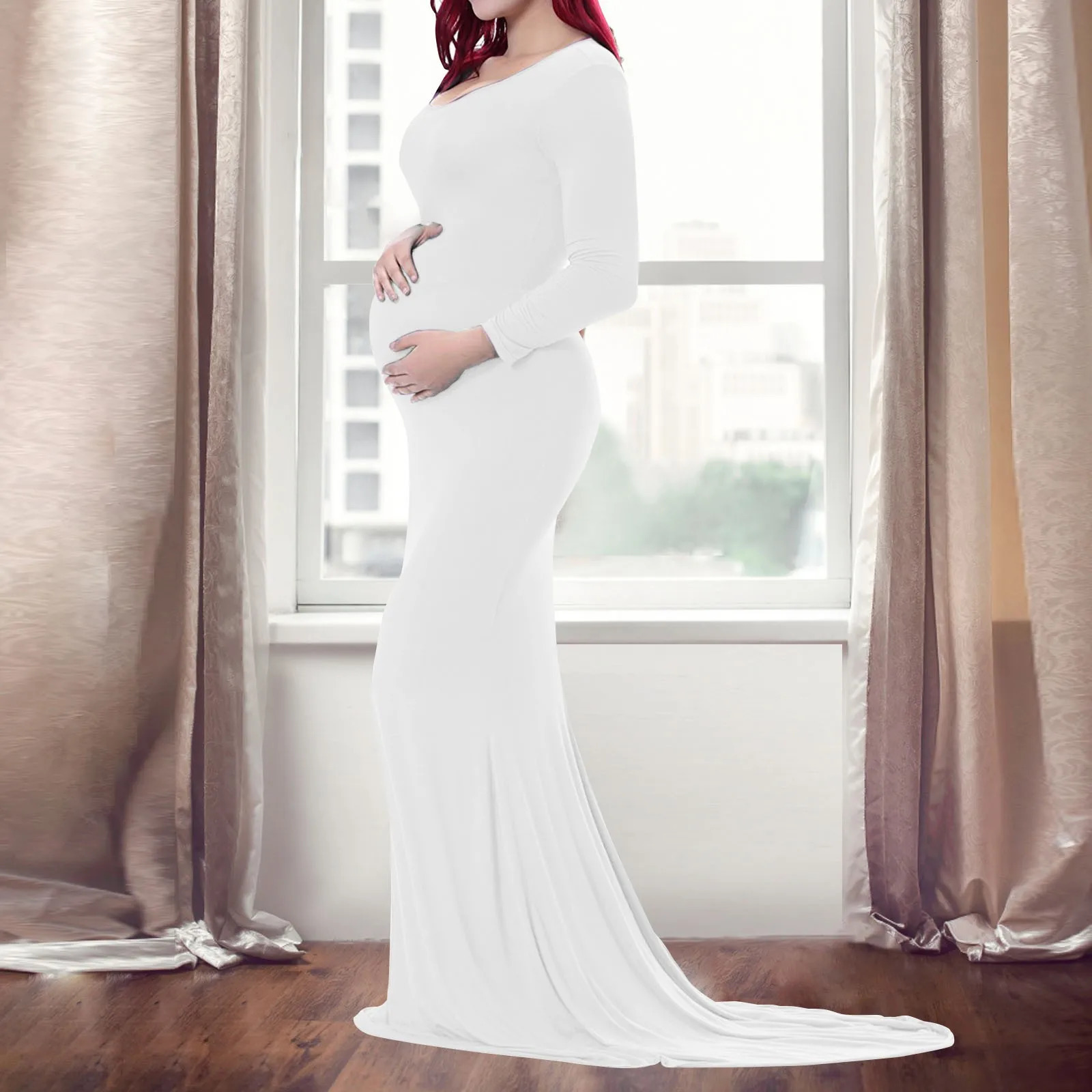 WomenS Cotton Maternity Dress Crewneck Neck Long Sleeve Trailing Jumpsuit Long Pography Dresses Casual Elegant Elastic Dress 250530