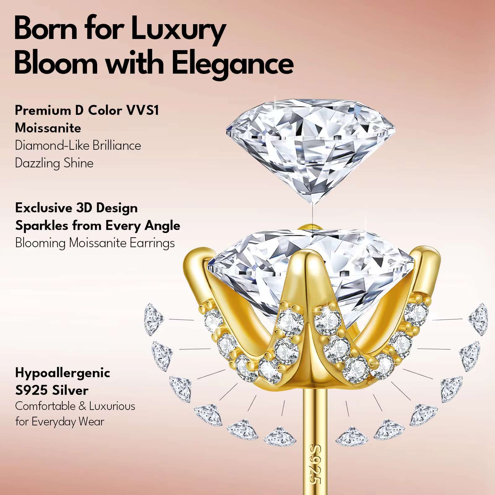 Shiny Flower Moissanite Earrings Lab Created Diamond 925 Sterling Silver Stud Men Women Jewelry Gifts 2CT VVS GRA Golden Earring