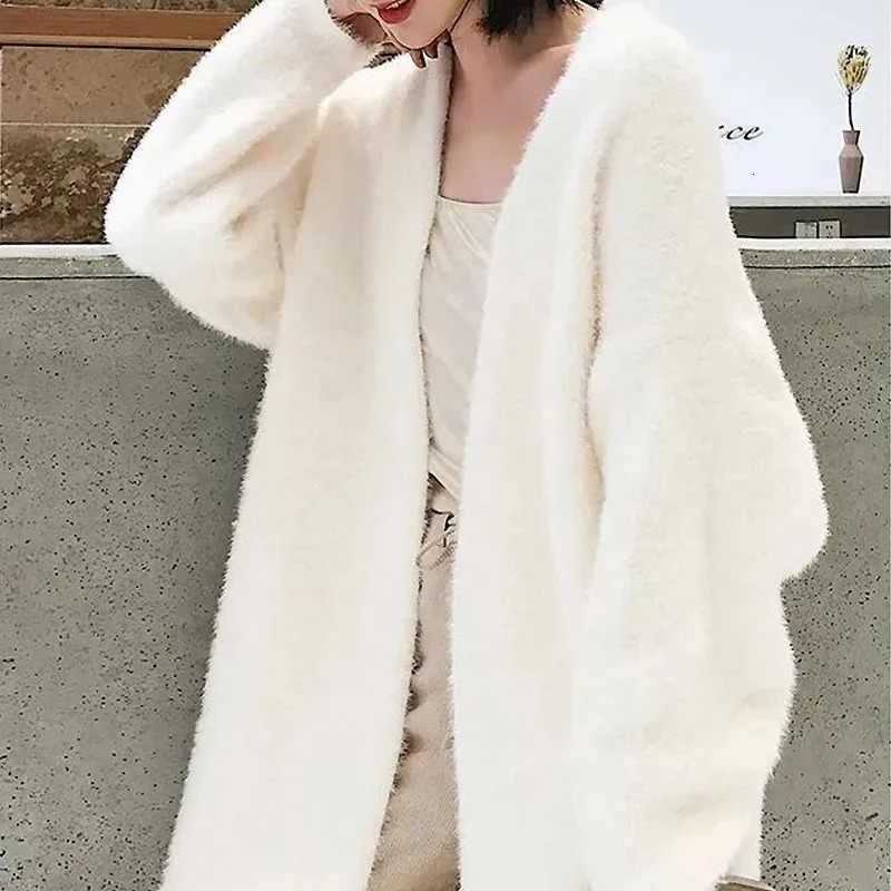 white Long Cardigan for women winter clothes Knitted fluffy long sleeve Cashmere sweater coat clotkorean style warm vintage 250530