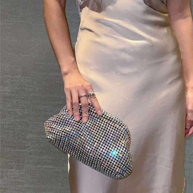 Women Cloud Dia Dumpling Handbag Shiny Bucket Clutch Purse Evening Banquet Crystal Rhinestone Shoulder Bag