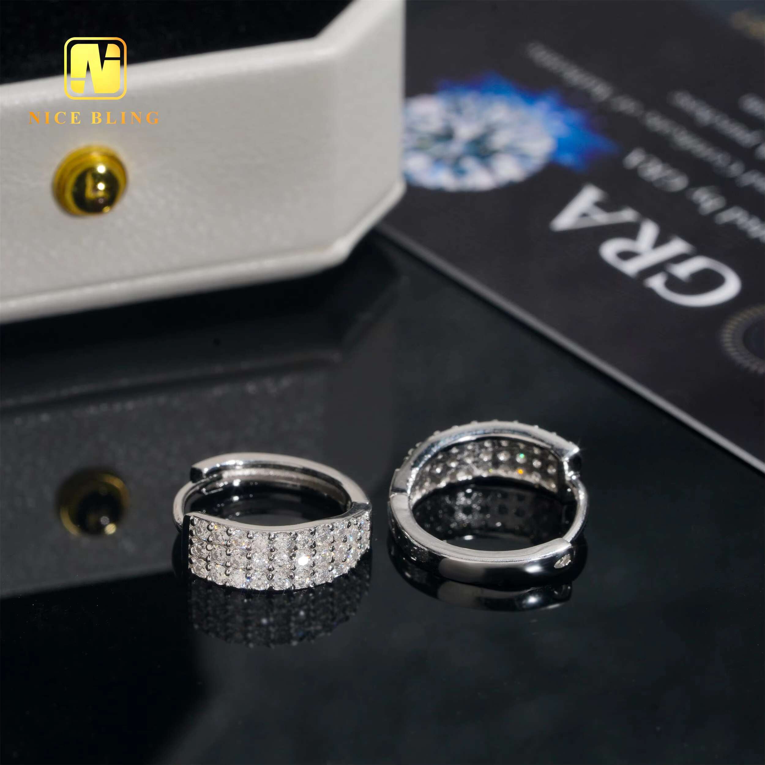 18K Gold Plated Moissanite Earrings Hip Hop Fashion Jewelry 925 Silver 3 Rows Lab Diamond Hoop Earrings for Men Women