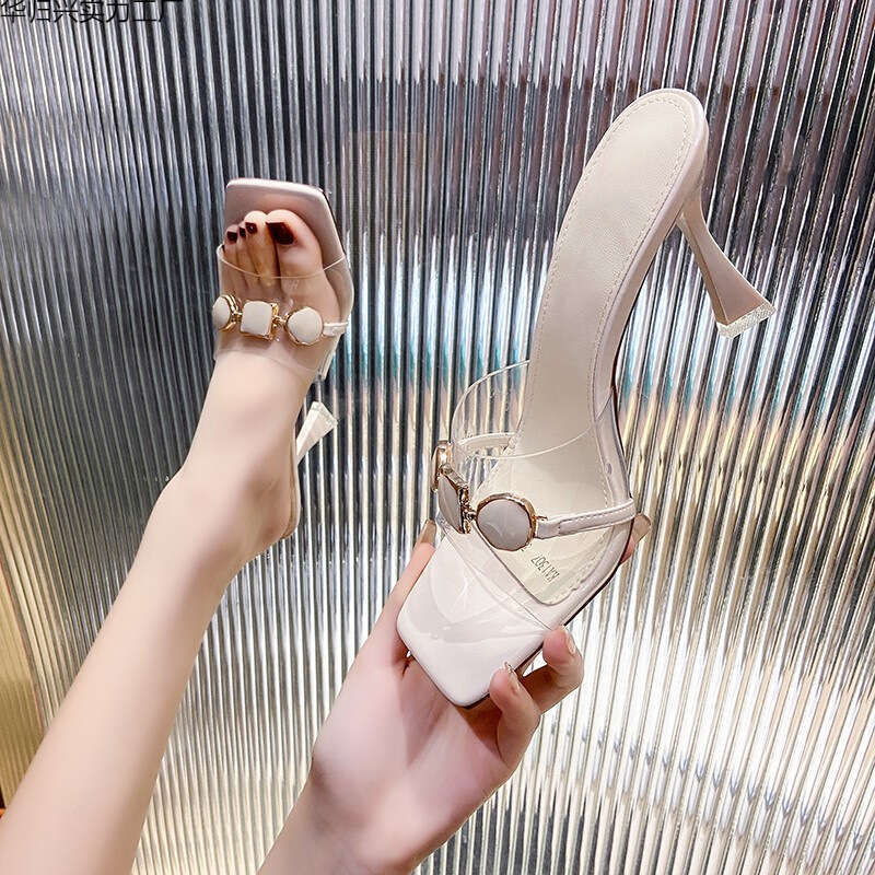Purple Transparent Sandals 2025 Summer New Trendy One-Strap Women's Super Popular High Heel Square Toe Stiletto Half Slippers for Outdoor Wear