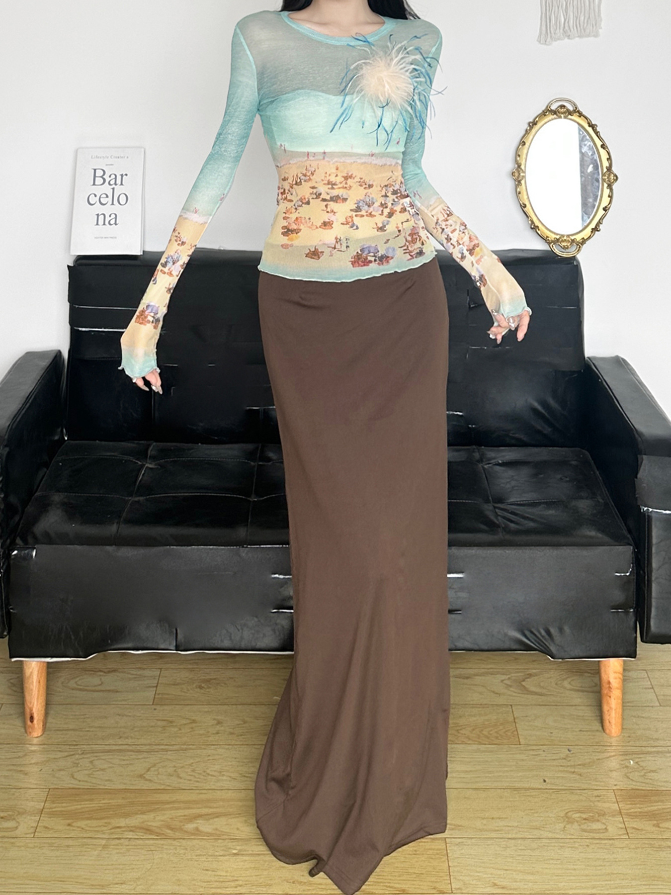 XR220 Pure desire retro brown hot girl split hip skirt low waist one piece slim fit