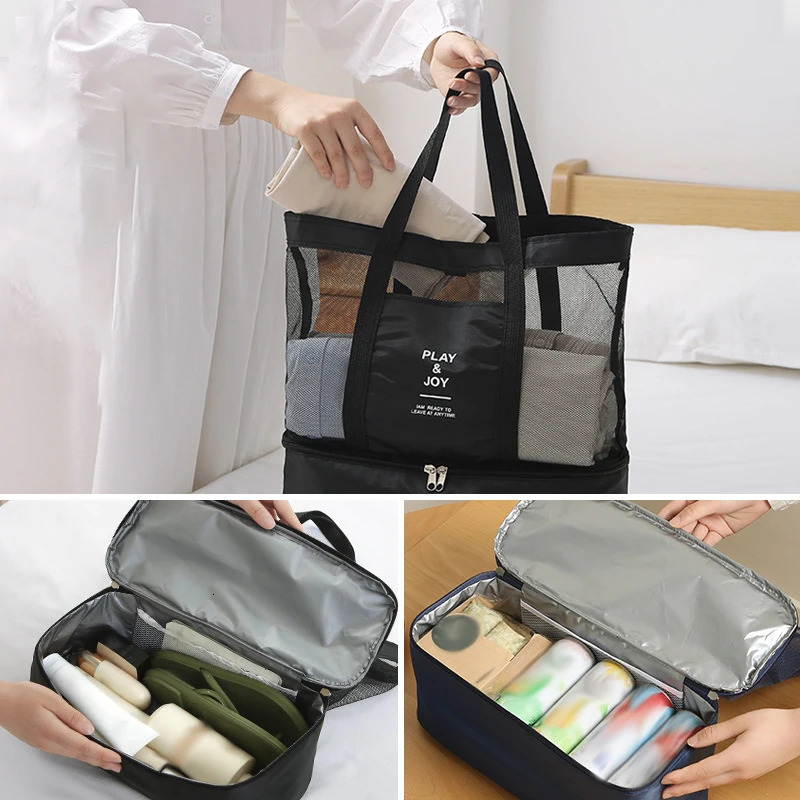 Outdoor Picnic Beach Bag Women High-Capacity Net Transparent Bag Double-Layer Tote Bag Office Heat Preservation Lunch Snack Bag 250530