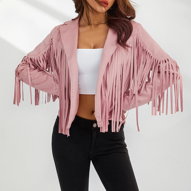 Women Spring Autumn Slim Long Sleeve Open Front Coat Solid Color Collared Jacket with Tassels Black Coffee Pink 250530