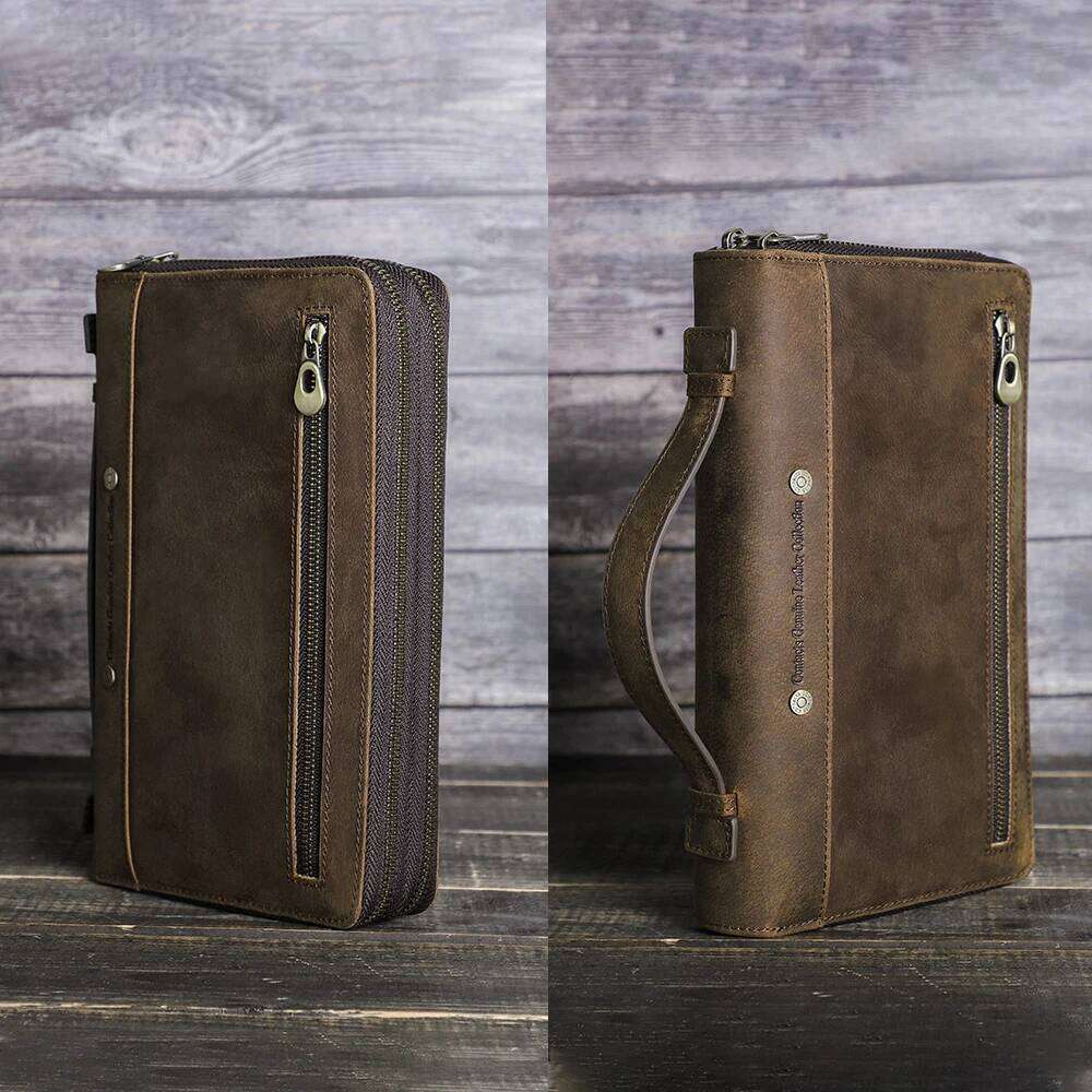 Crazy Horse Cowhide Leather Men Clutch Bags Wallet Wrist Long Purse Handy Pocket Large Capacity Multifunction Wallets Male