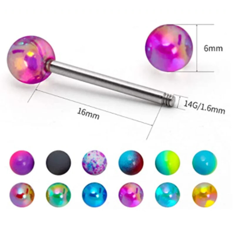 6PCS Stainless Steel Glorious Tongue Ring Bulk 14G Nipple Piercing Bar Lot Glitter Tongue Piercing Set Barbell Piercing Jewelry 250526