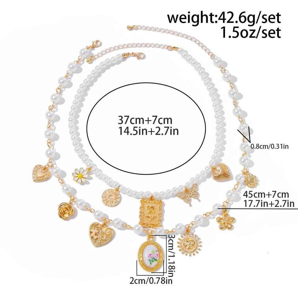 Salircon 2Pcs/Set Butterfly Suower Heart Pendant Necklace For Women Imitation Pearl Charm Statement Choker Jewelry