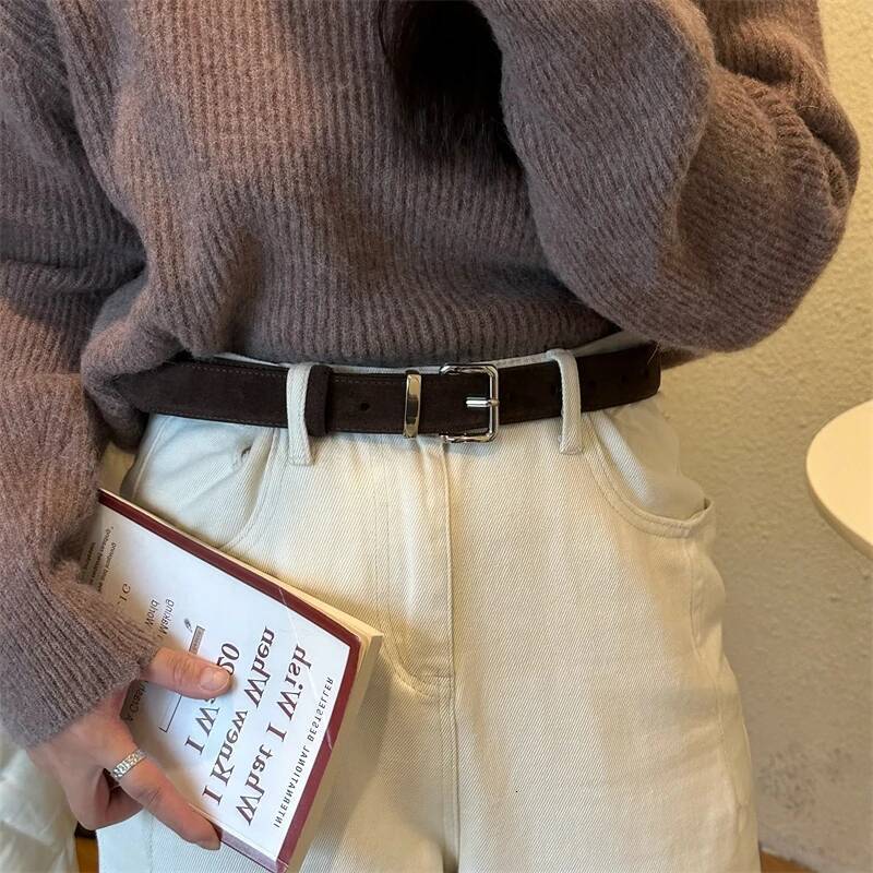 Suede Cowhide Leather Belt Women, Vintage Ladies Belts with Sliver Square Buckle 2.8cm Wide Waistband for Dress&Jeans