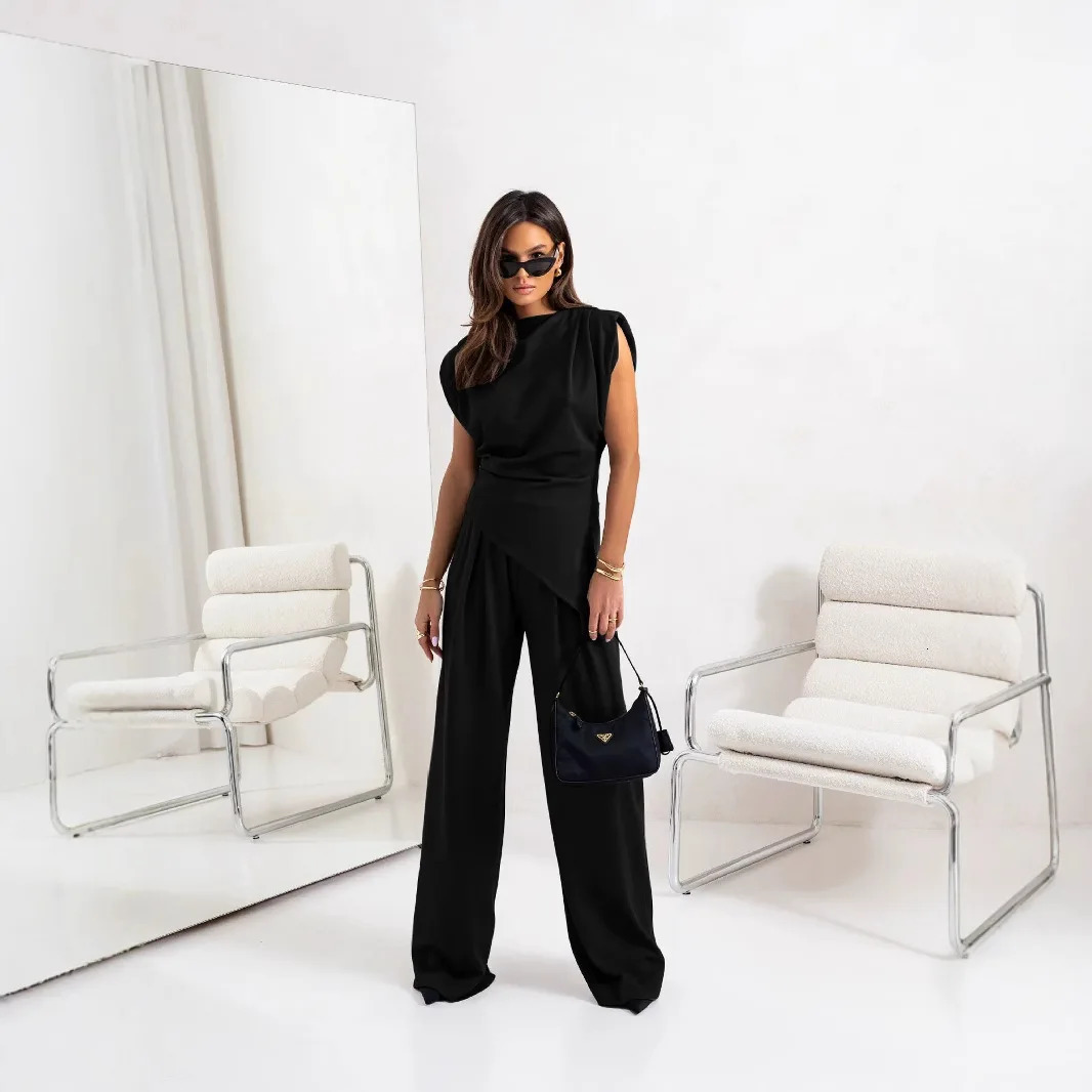 Womens Pleated Asymmetry Top Pants Suit Sexy Sleeveless Blouse High-waist Pocket Straight-leg Trousers Summer Set Fashion 250527