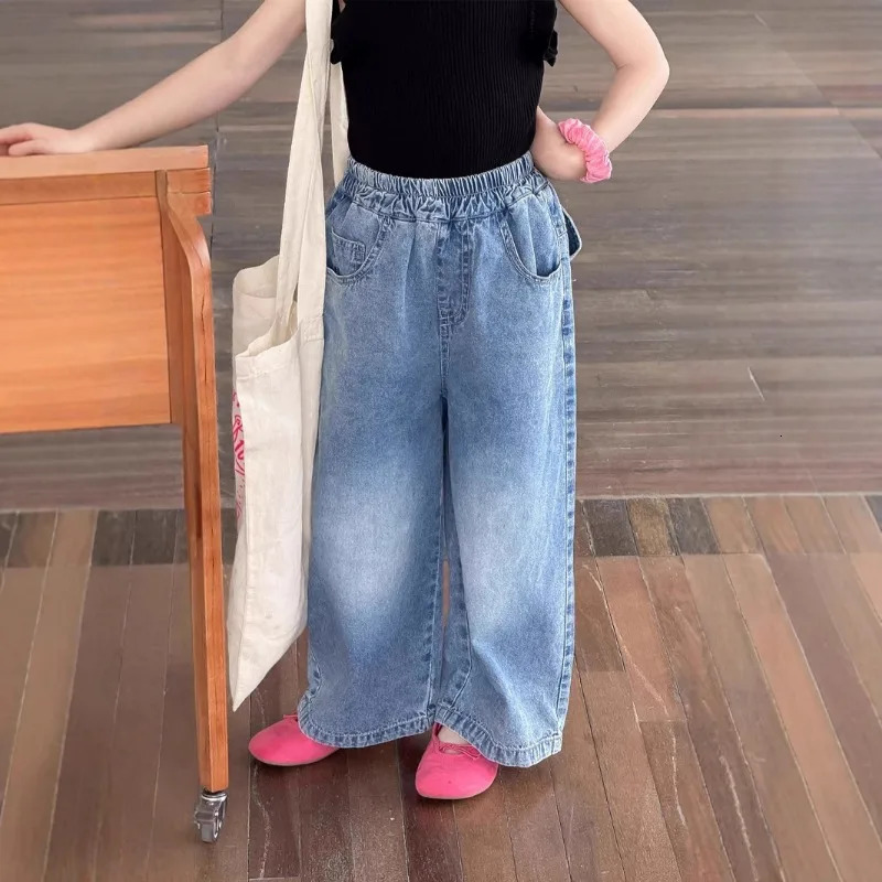 Summer Baby Girls Stylish Pants with Korean Bow Fashionable Wide Leg Straight Leg Jeans 250527