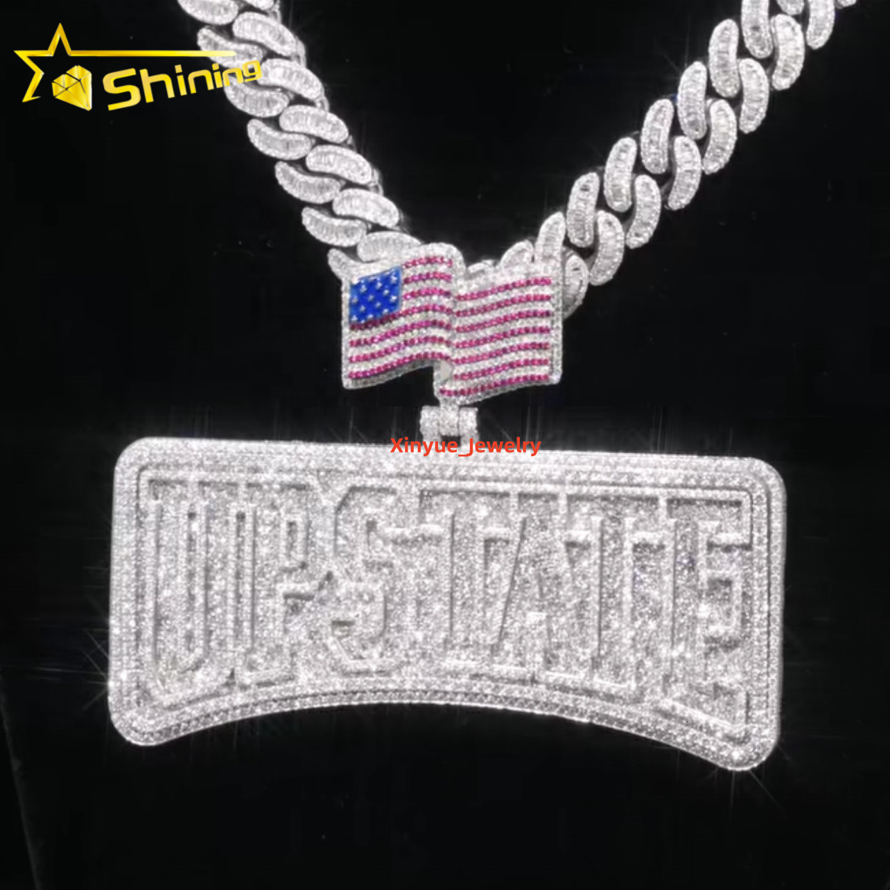 925 Sterling Silver Men Jewelry Necklace Custom Made Iced Out VVS Moissanite Name Horizontal Pendant With Flag Bail