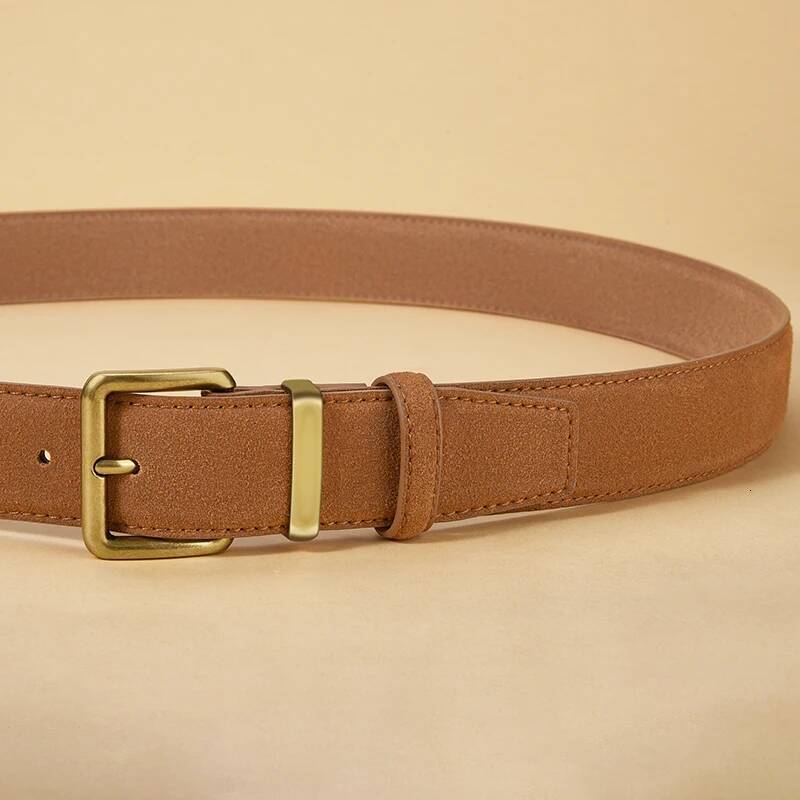 Suede Cowhide Leather Belt Women, Vintage Style with Gold Buckle, 3.5cm Wide Waistband for Dresses & Jeans