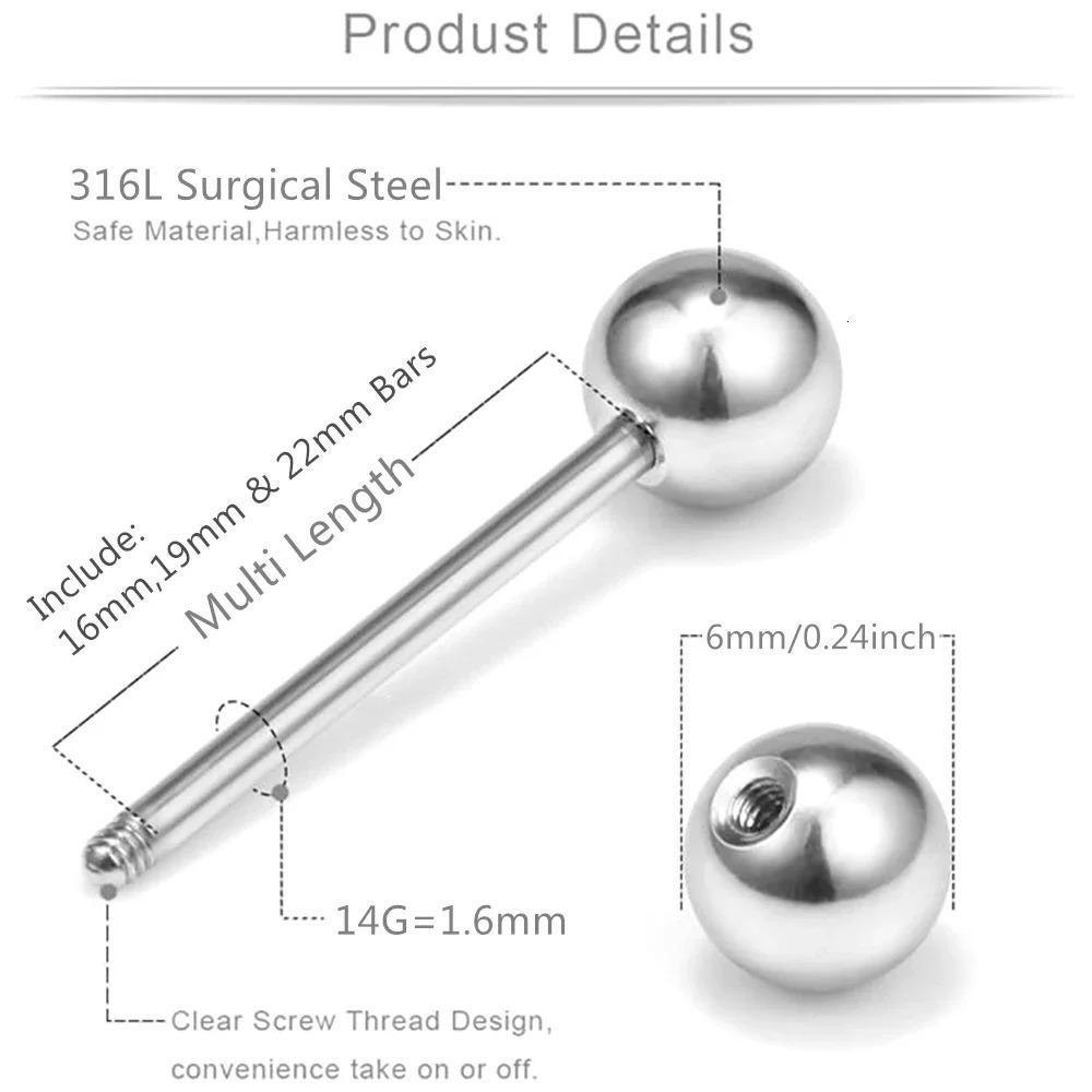 6X Mixed Type Opalite Crystal 16mm 19mm 22mm Tongue Bar Steel 6mm Ball Nipple Ring Barbell Body Piercing Set 14g 250526