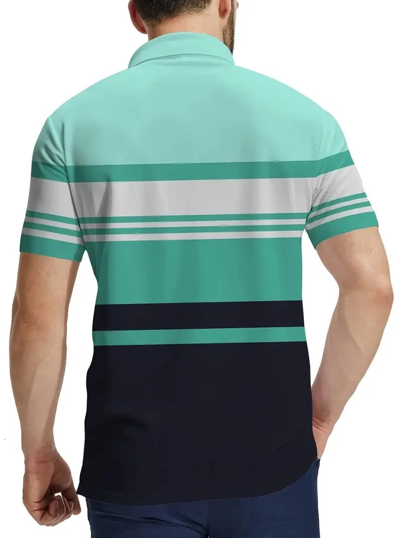 Mens Casual Stripesd Golf Polo Shirt 100% Polyester Short-Sleeved Lapel Button Details Slightly Stretch Knitted Fabric Top Regu 250530