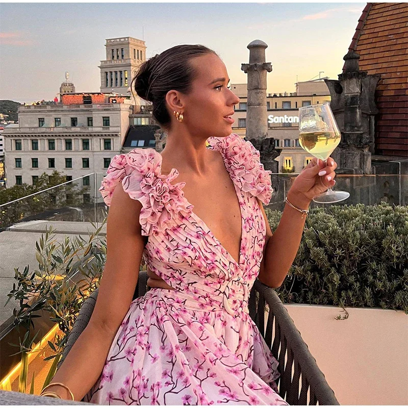 Basic Casual Dresses Summer Elegant Print Ruffles Hollow Out Long Dresses Women's Sexy Backless Sleeveless Lace-up High Waist Split Dress 2025 Ne