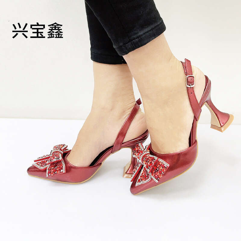 Spring French Style One-Strap High Heels for Women, Thin Heel, Hollow Pointed Toe, Comfortable Rhinestone Bow Wedding Shoes