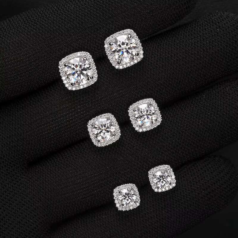 Wholesale High Quality New Fashion Hip Hop 925 Sterling Silver Iced Out Moissanite Square Stud Earrings