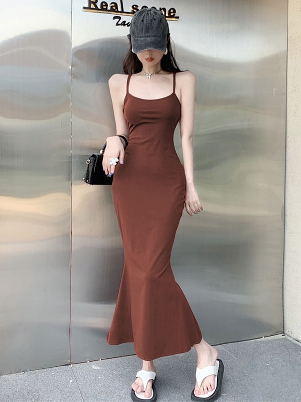 XL140 Summer pure fishtail suspender long skirt for women, simple waist slimming hip skirt for women