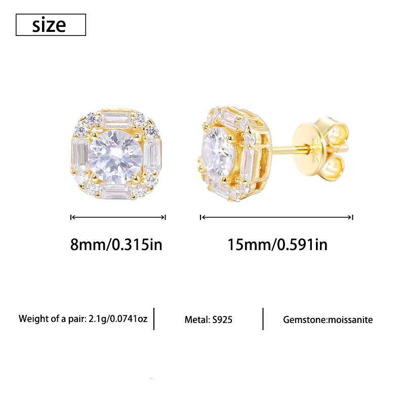 925 Sterling Silver Gold Plated Moissanite Stud Earrings Hypoallergenic Fashion Jewelry for Women