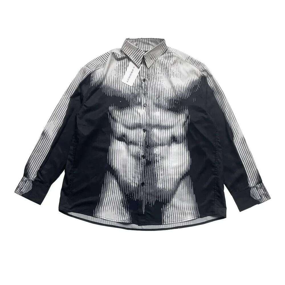 Gradient Color Human Body Image Print Patchwork Shirts For Men And Women Streetwear Baggy Camisas Ropa Hombre Y2k Clothing