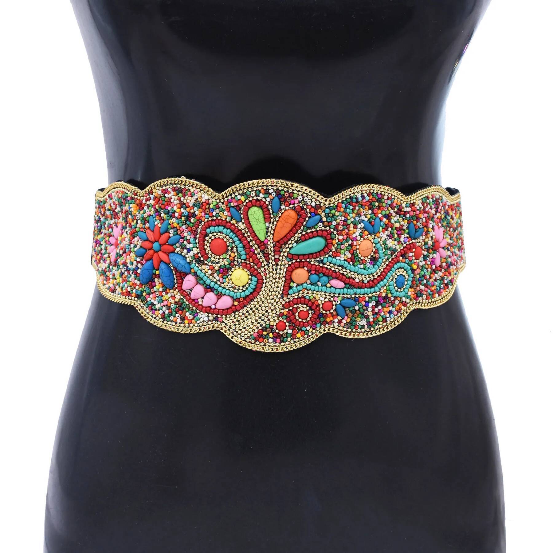 Bohemian Beads Flower Tree Ethnic Statement Wide Elastic Body Chain Belt for Girls Women Dress