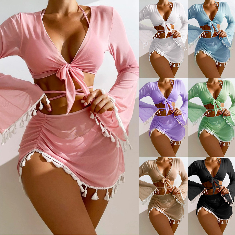 Free Shipping 2025 New Designer Shoes 2025 New Conservative Four Piece Solid Color Tassel Hoodie, Mesh Skirt, Bikini Swimsuit For Women