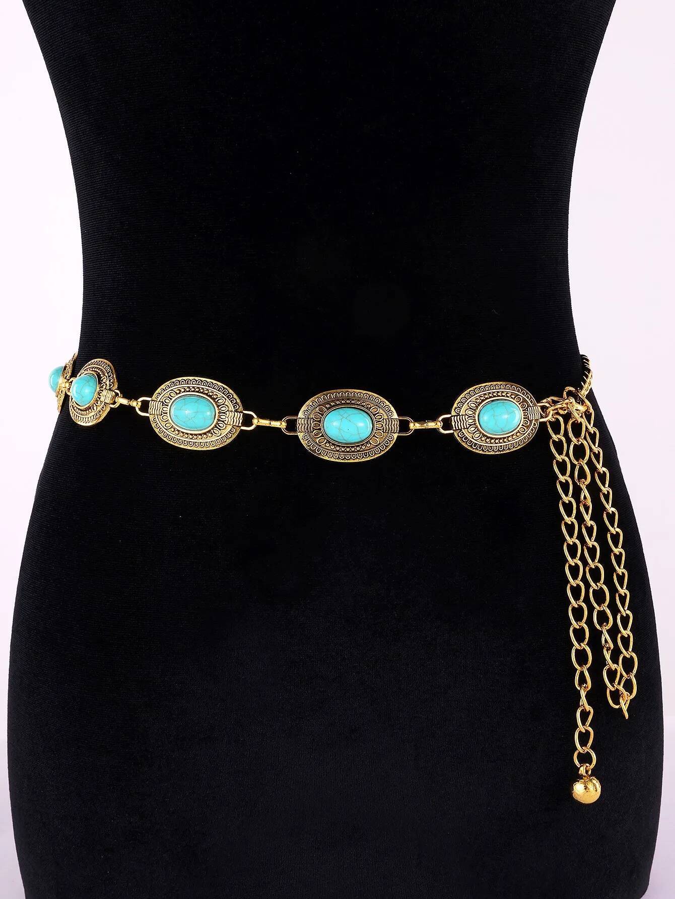 Bohemian Belt High-End Vintage Carved Embedded Ladies Metal Waist Chain Women's Fashion Accessory