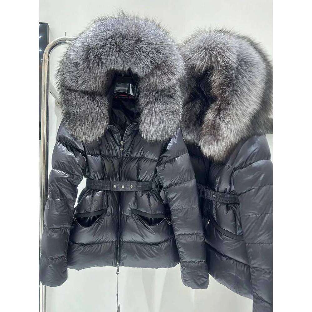 Coats Women Winter Black Hooded Fur Collar White Duck Down Puffer Thick Jacket with belt Slim Clothing High quality, fashionable, luxurious
