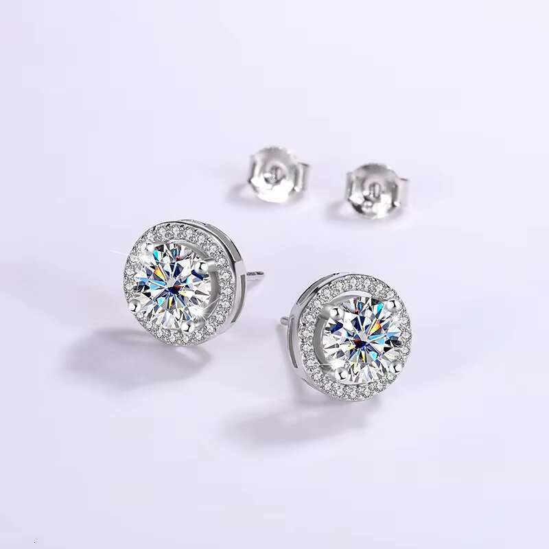 Fine Jewelry 925 Sterling Silver Round Moissanite Zircon Halo Stud Earrings