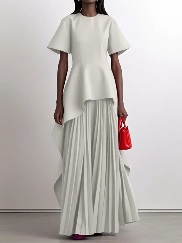 New Summer Women Pleated A-Line Dress Vintage Elegant Solid Color Split-Joint Round-Neck Loose Evening Maxi Dresses